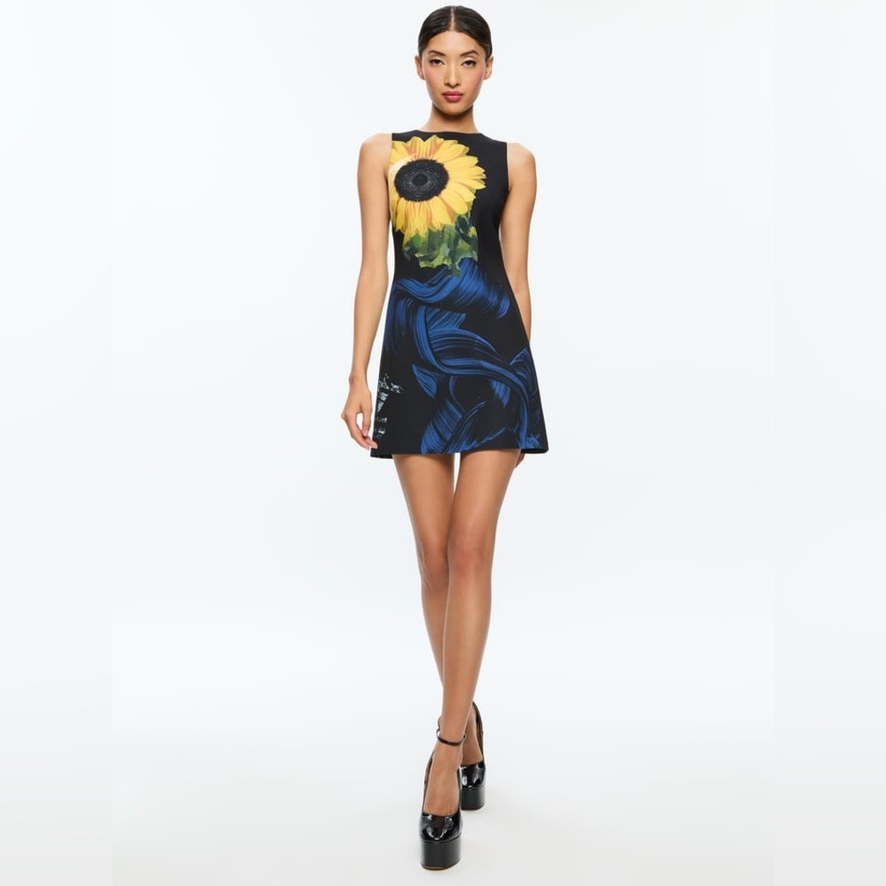 Alice and Olivia Clyde Sleeveless Elegant Black and Blue Floral Dress